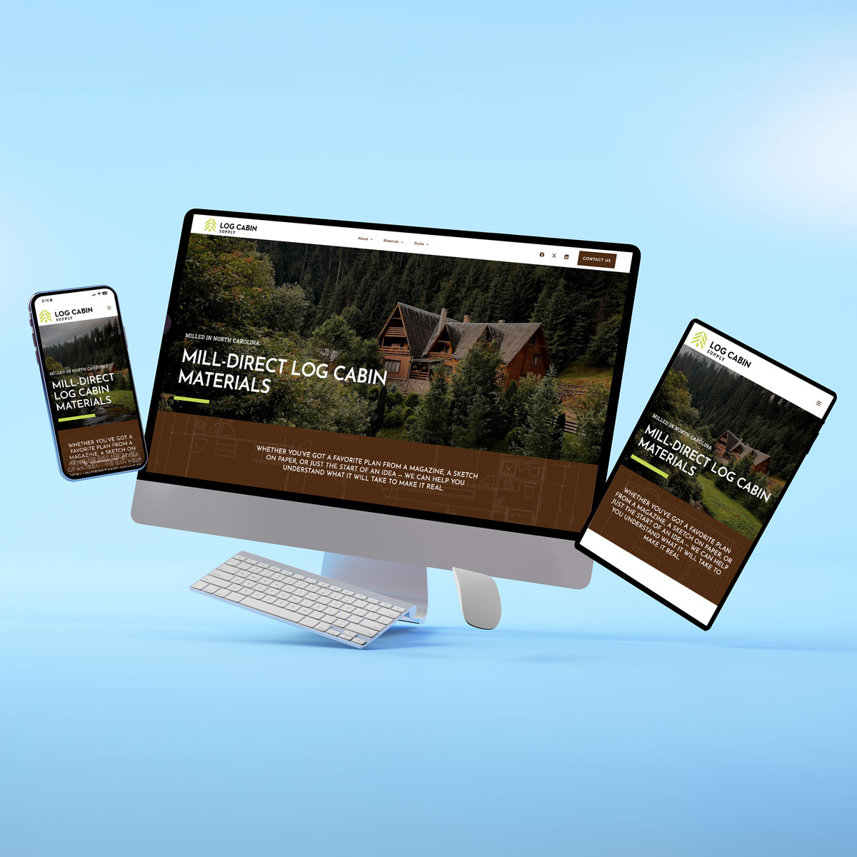 Mockup of a desktop, tablet and smart phone with a website designed by Lazarus for Log Cabin Supply; shows responsive design